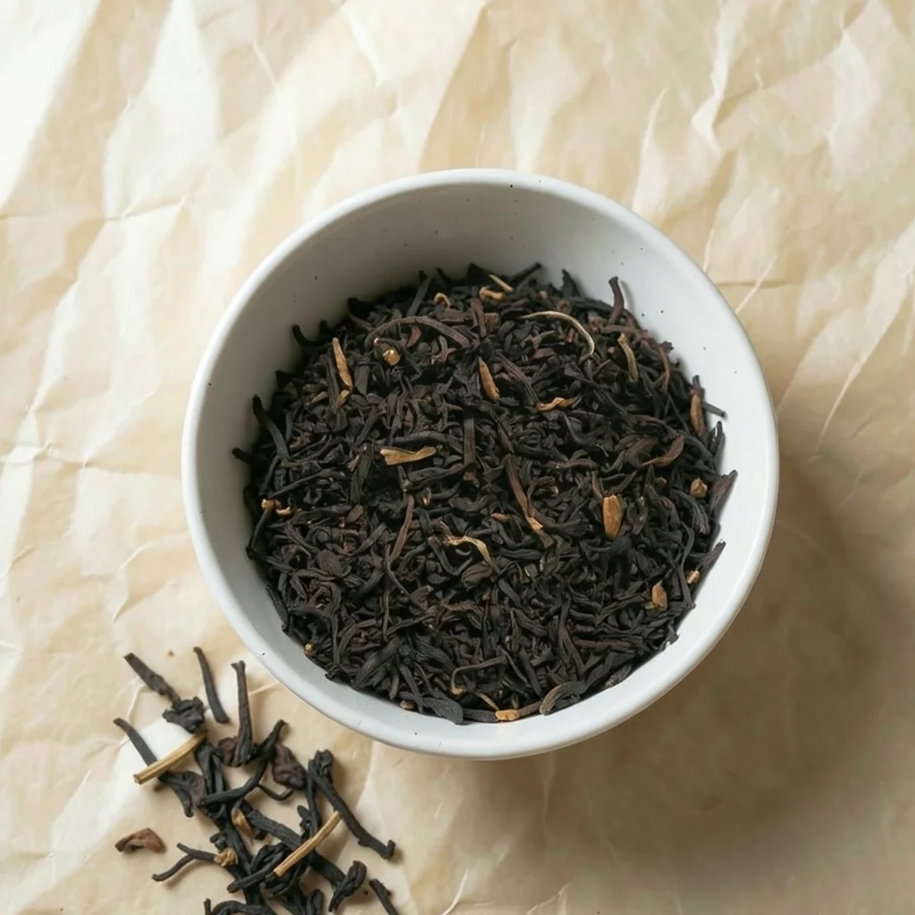 Loose-leaf Assam & Ceylon black tea with a light bergamot flavour in a white ceramic bowl