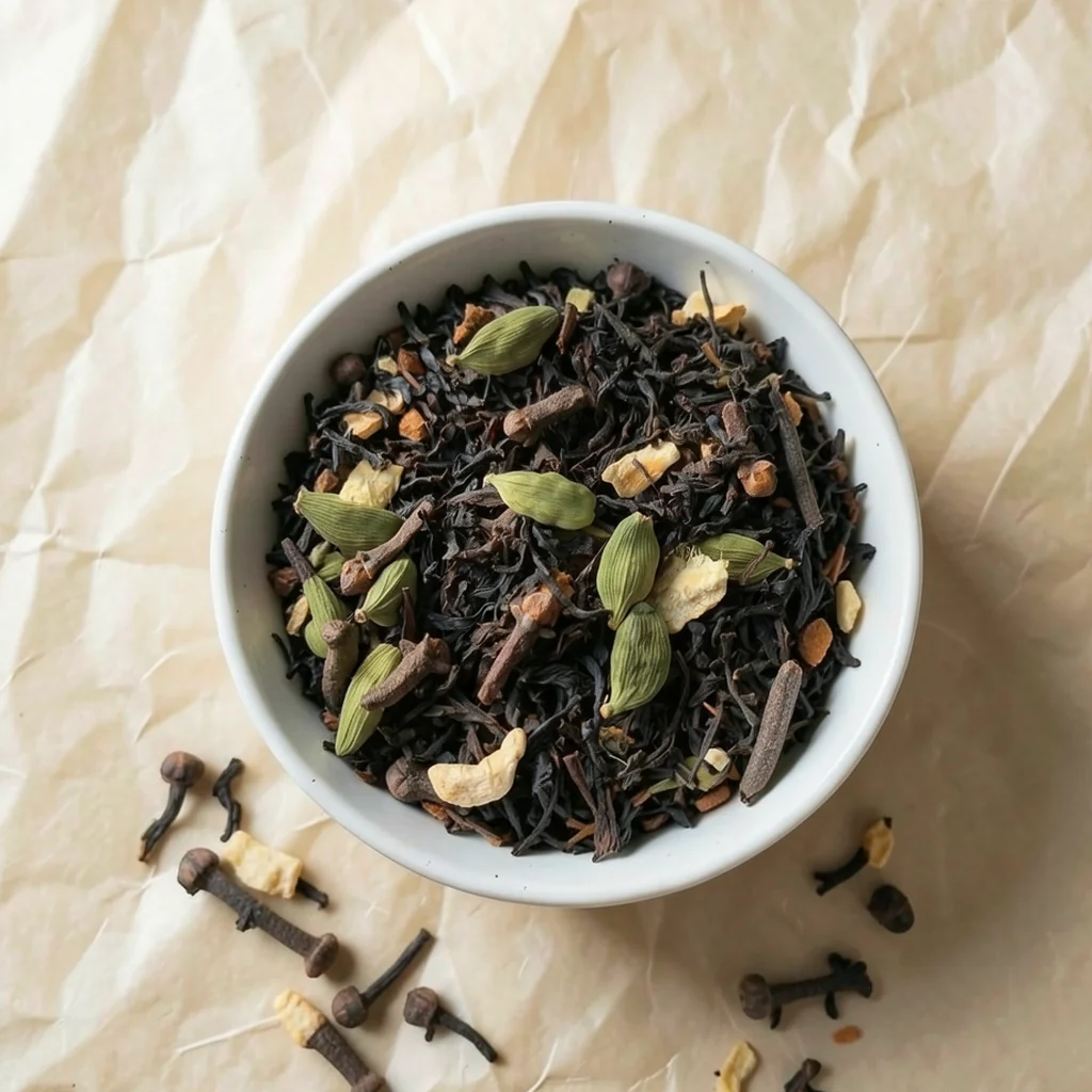 Loose-leaf Indian black tea chai with cinnamon, cardamom, clove & ginger in a white ceramic bowl