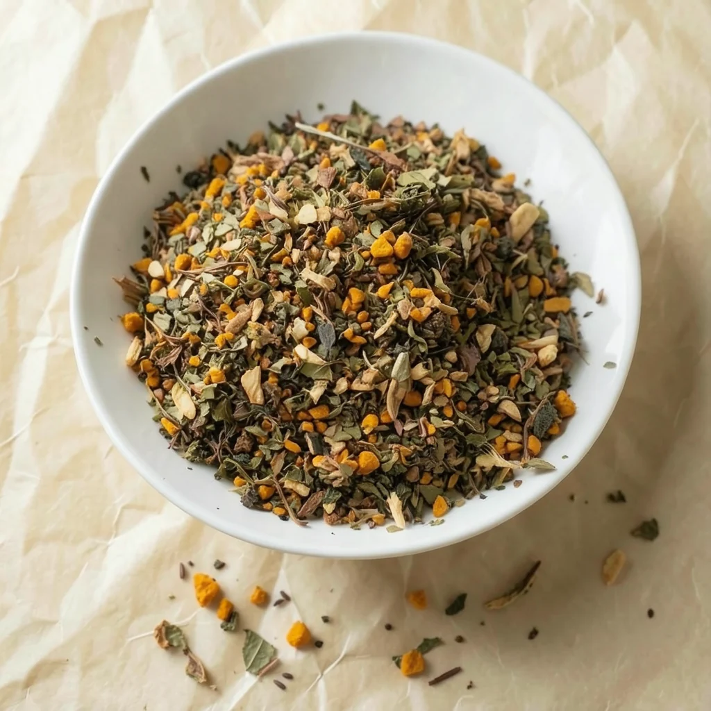 Loose-leaf organic turmeric, ginger & black pepper herbal blend in a white ceramic bowl