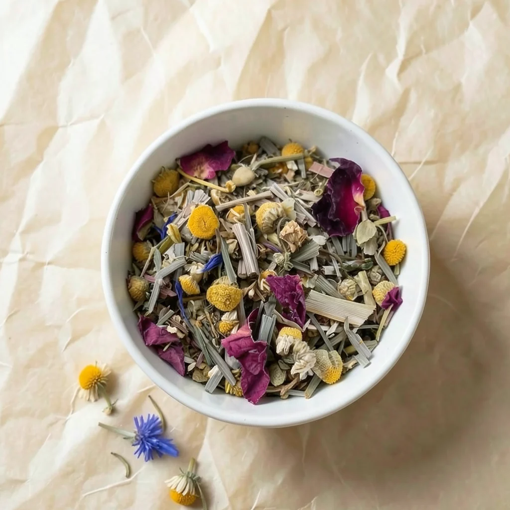 Loose-leaf chamomile, passionflower & hops herbal blend with rose & spearmint in a white ceramic bowl